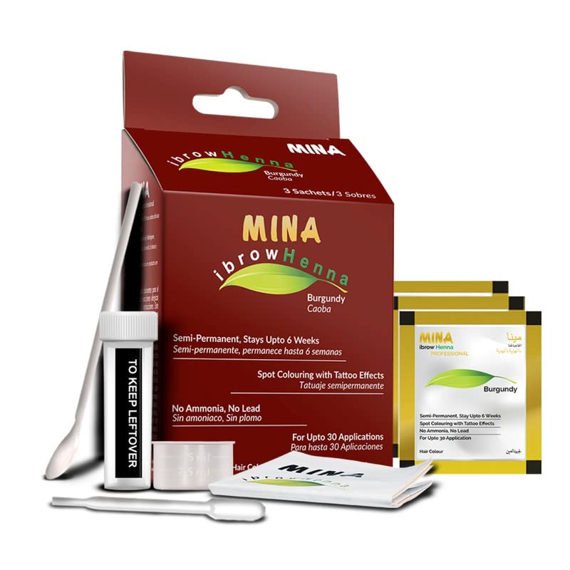 MINA ibrow Henna professional Hair Color Kit For Professional Coloring, Covers Gray Hair, Stays up to 6 Weeks-Regular Kit (30 Applications) (Burgundy)