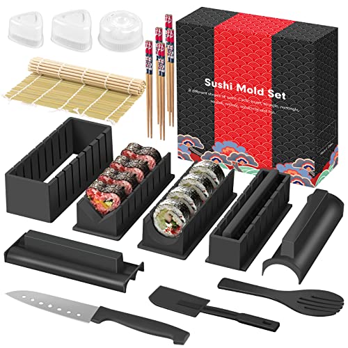 SKYSER Sushi Maker Kit, 17 Pezzi Sushi Maker Set per Principianti, 8 Stampi Sushi Making Kit Completo, Set Sushi Self Mat con Coltello Sushi Stampi per Palline di Riso e Bacchette - Nero