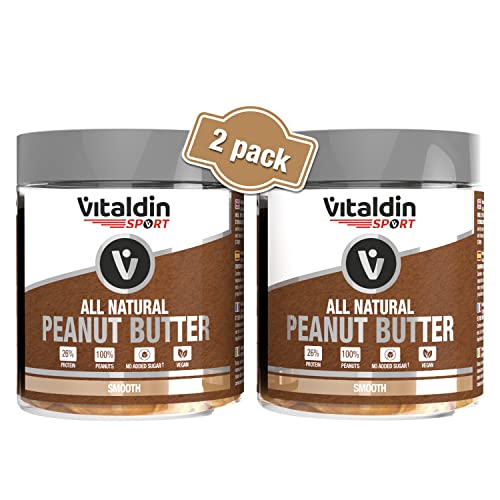VITALDIN SPORT All Natural Peanut Butter Smooth – Pack 2 Barattoli x 500 gr – Burro di Arachidi Cremoso – Burro di Arachidi 100% Naturale Senza Zuccheri Aggiunti – 26% di Proteine – Vegan