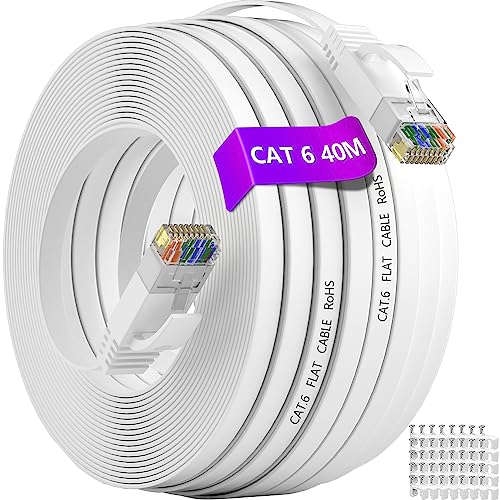 Cavo Ethernet 40 Metri, Cavo LAN Cat 6 Alta Velocità Cavo di Rete Patch Ethernet Gigabit Cavo RJ45 40m Cavo Internet Piatto Lungo Bianco Compatibile con Cat5/Cat5e per Router, Modem, Switch, PS4/3/5