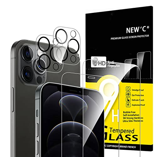 NEW'C Set di 4, 2 x vetro temperato per iPhone 12 Pro Max e 2 x protezione per fotocamera posteriore, anti graffio, senza bolle d'aria, ultra resistente, durezza 9H Glass