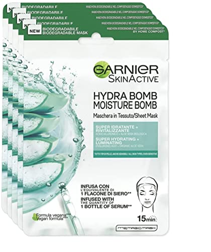 Garnier Maschera in Tessuto Skin Active Hydra Bomb, Formula Super Idratante e Rivitalizzante, Per Tutti i Tipi di Pelle, Con Acido Ialuronico e Aloe Vera Biologica, Confezione da 5