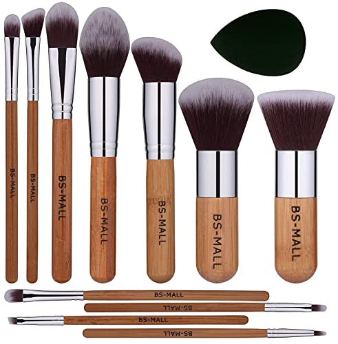 BS-Mall Bamboo Silver Premium Synthetic Kabuki Makeup Brush Set Cosmetics Fondazione Blending Blush Face Powder Brush Makeup Brush Kit Plus Black Tear Drop Makeup Blender Sponges (11pcsbamboo)