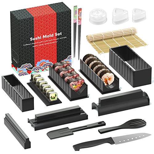 HI NINGER Sushi Maker Kit, 17 Pezzi Sushi Maker Set per Principianti, 9 Stampi Sushi Making Kit Completo,con stampi per il rotolo di riso sushi, coltello per sushi, tappetino per sushi, bacchette