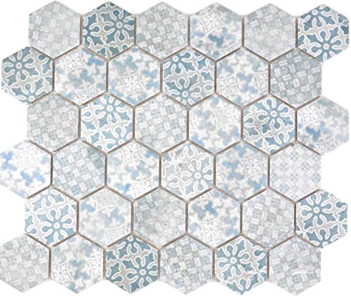 Piastrelle a mosaico, in ceramica, esagonale, blu, rivestimento per vasca da bagno, piastrelle, rivestimento da parete per cucina, piastrelle per WC_f | 10 tappetini a mosaico