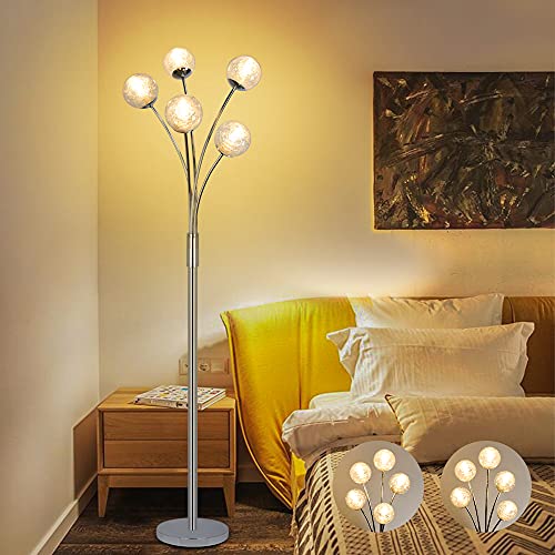 Depuley Lampada a 5 LED a sfera in vetro con lettura flessibile e interruttore di piede, design moderno, lampada da terra per soggiorno, soggiorno, 177.5 cm (lampadine G9 non incluse)