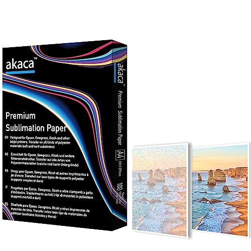 akaca Carta per sublimazione A4, 210 x 297 mm, 100 fogli, 120 g/m², Carta transfer per stampanti a sublimazione Epson, Sawgrass, Ricoh
