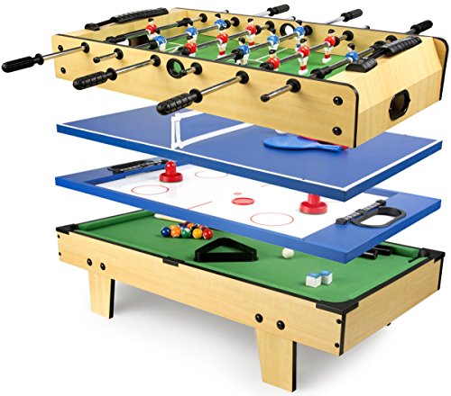 Leomark tavolo da gioco multifunzione 4 in 1 (calcio balilla, biliardo, tennis, hockey), biliardinoo calcetto tavolo in legno per bambini, dimensioni: 82cm x 43,5cm x 20cm (LxPxA)