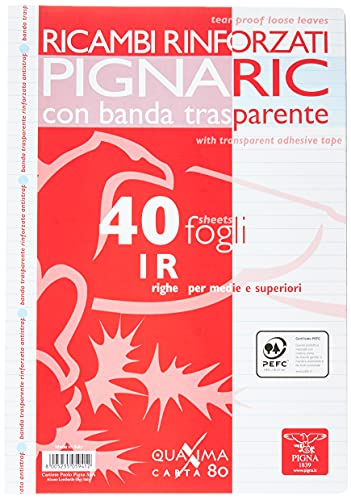 Pigna 02194591R, Ricambio con Banda Rinforzata, Rigatura 1R, righe per medie e superiori, Carta 80g/mq, formato A4 (21 x 29.7 cm.), Pacco da 40 Fogli