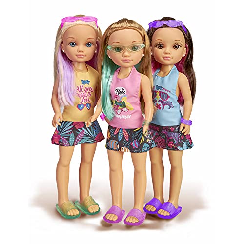 Nancy – Occhiali Tropical (700016730), bambola morena una giornata in spiaggia, giocando con stoppini colorati rosa con vestiti e accessori, per bambine e bambini dai 3 anni (FAMOSA)