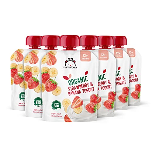 Marchio Amazon - Mama Bear Yogurt Biologico con Puree di Fragola, Banana e Carota Viola Biologiche, Vegetariano, 90g, Confezione da 6