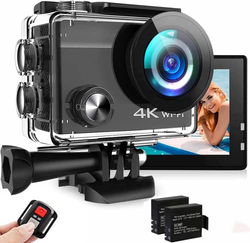 Action Cam 4K, videocamera subacquea da 20MP 50FPS Wi-Fi 40M con schermo touch screen IPS da 2', grandangolo Ultra HD 170°, telecomando, 2 batterie ricaricabili