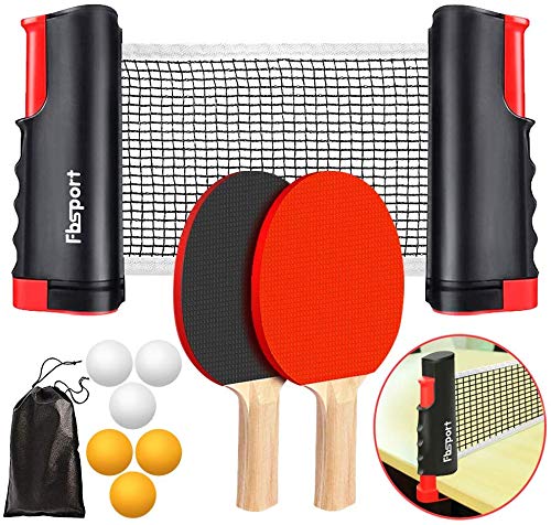 FBSPORT Set da ping pong, Set di racchette ping pong,2 racchette da ping pong, rete estensibile, 6 palline da ping pong, 1 borsa in rete, per principianti, famiglie e professionisti
