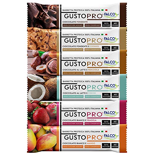 GUSTOPRO BOX 24 – Barretta Proteica Senza Zucchero, Croccante, Puro Cioccolato Fondente, al Latte e Bianco nei 6 Gusti, 30% di Proteine Del Siero del Latte (Whey Protein) (24x40g) (4 per gusto)