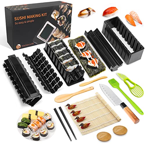MLRYH Sushi Maker Kit, 21 Pezzi Kit Sushi Completo per Principianti con Tappetino per Sushi,Bacchette,Affettatrice per Avocado,Paletta, Spatola,Coltello,Supporto per Bacchette,piatti,Spazzola.
