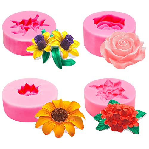 Afunta - 4 stampi in silicone a forma di fiore, con margherite e girasole, 3D, per decorare torte al cioccolato, caramelle, sapone