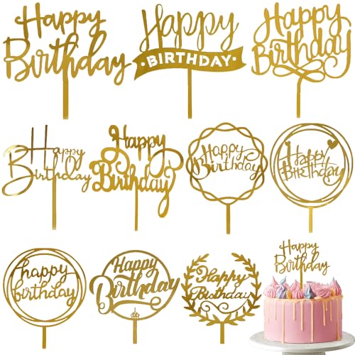 AOOTUERL 10 Pezzi Topper Torta Compleanno, Decorazioni per Torte di Buon Compleanno, Gold Happy Birthday Cake Topper, Happy Birthday Decorazione per Torta