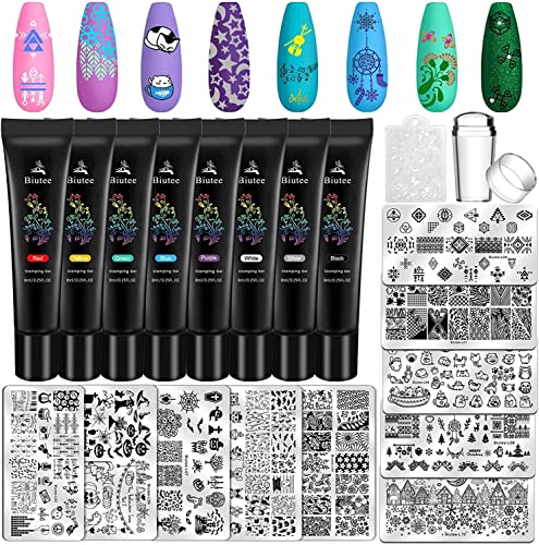 Biutee Stamping Nail Art Set di 8 Stampi per Unghie Colorate per Stamping, Gel UV e Gel per Unghie e 5 Stamping Nail Art in Acciaio Inossidabile