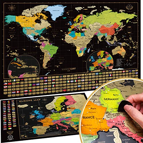 Due Mappe Da Grattare: Mappa del Mondo da Grattare con bandiere XXL + Mappa dell'Europa da grattare - Mappa Viaggi Qualità Premium, poster da parete, idea regalo per viaggiatori