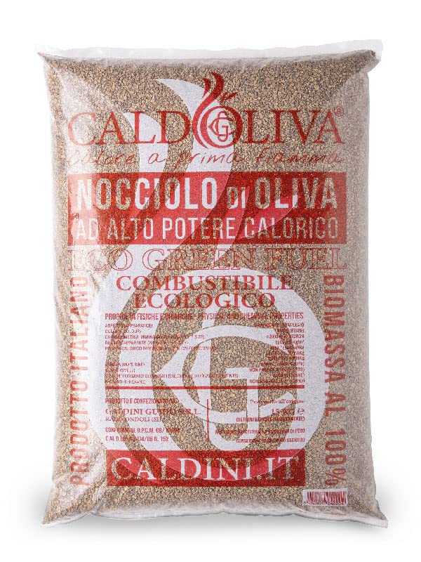 Nocciolo di oliva CALDOLIVA® ad alto potere calorifico - Sacco da 15 kg - Combustibile ecologico Biomassa al 100% Eco Green Fuel Prodotto Italiano