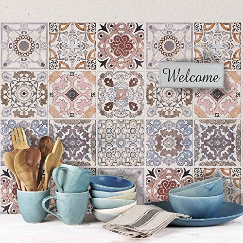 RE-COVERTILES - Adesivi per Piastrelle Bagno e Cucina 24 Pz 10x10 cm - PS00058 Decorazione murale in PVC impermeabile mattonelle mosaico stile cementine Azulejos