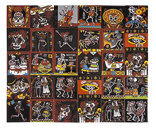 Catrina - Piastrelle Messicane Patchwork | 30 piezzi 10,5x10,5 cm | Mattonelle colorati, decorati | Specchio da parete cucina, bagno, WC | Motivi Morti, scheletri