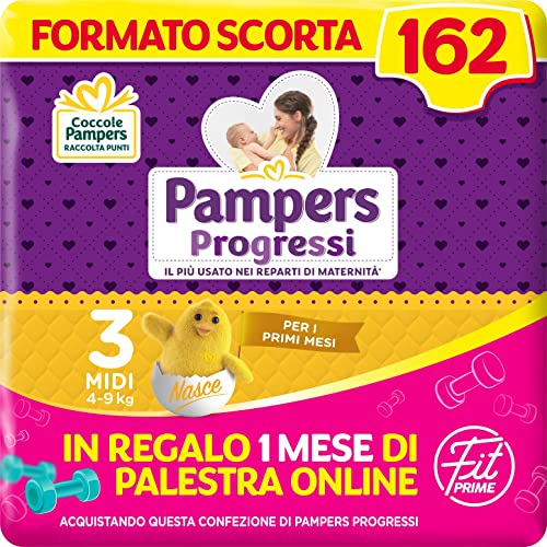 Pampers Progressi & Fit Prime Midi, Formato Scorta, 162 Pannolini, Taglia 3 (4-9 Kg), 1 mese di palestra online in omaggio